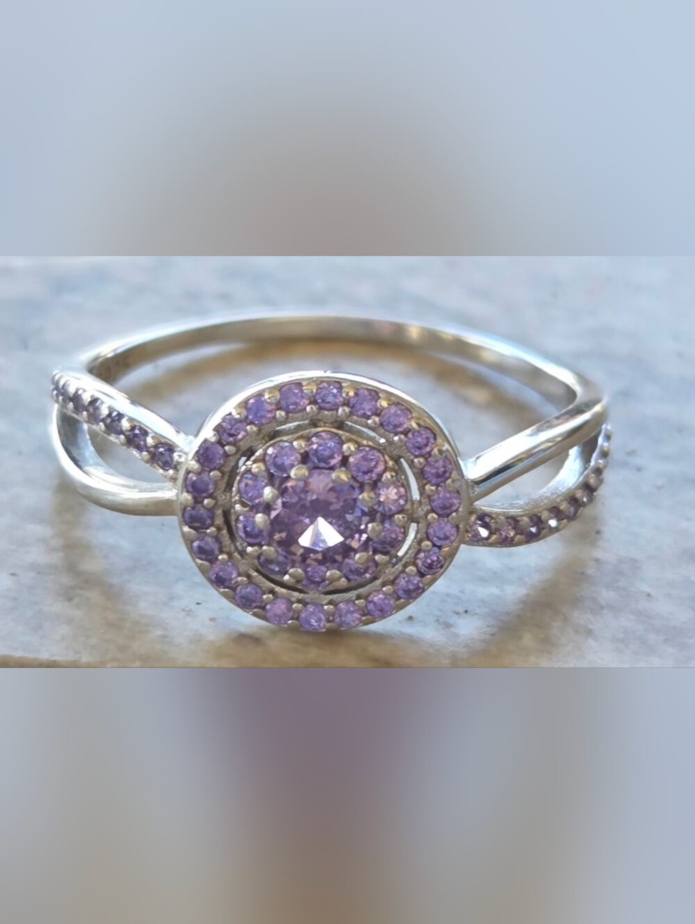 Storyjewellery S925 Sterling Silver AAA Grade Purple CZ Halo Ring Size 7 - Lupus - Picture 2 of 7